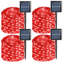 QITONG 4 Pack Solar Fairy Lights, Each 33ft 100 LED Red Christmas String Light Outdoor Waterproof, 8 Modes Silver Wire Twinkle Mini Lights