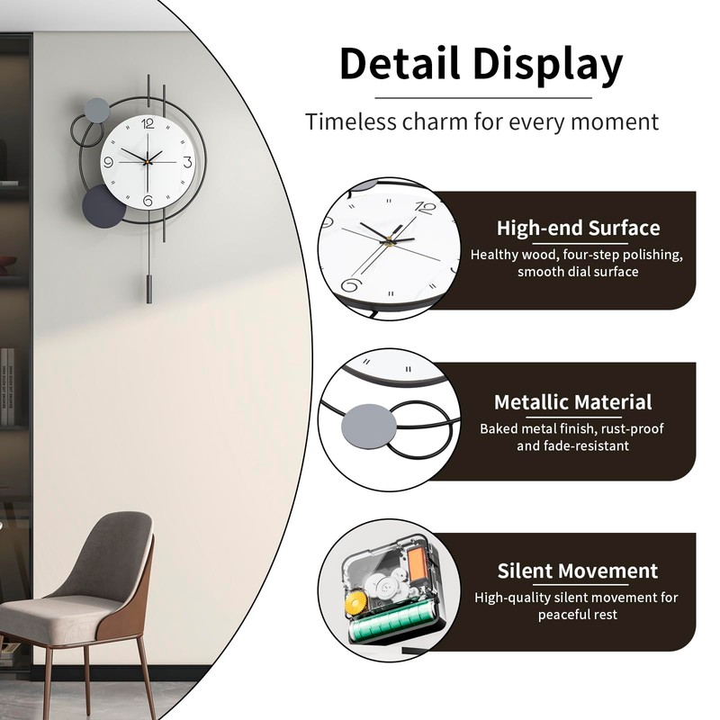 JTWALCLOCK Decorative Modern Wall Clock for Living Room Decor Non