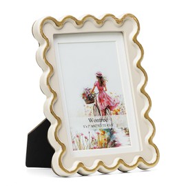 Wontree 5x7 Picture Frame in Beige with Elegant Brushed Gold Wave Accents, Resin Frame with Real Glass, Display 5x7 Photos Matted to 4x6, Vertical and Horizontal Desk Tabletop or Wall Hanging