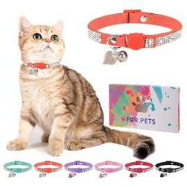 DILLYBUD Rhinestone Cat Collar Breakaway with Bell, Diamond Cat Collar with Safety Buckle Quick Release for Girl Boy Small Kitten Pets Puppy,Cute Soft Female Male Cat Collars, Color Orange 8-12"