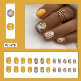 24 Pcs Fall Press on Nails Short Square Fake Nails with Yellow Maple Leaf Designs Thanksgiving Acrylic Nails Full Cover Autumn Leaves Stick on Nails Glossy Artificial False Nails for Women Manicure