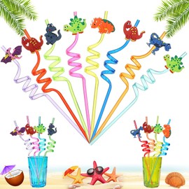 Reusable Straw, Pack of 8 Dinosaur Straws for Children, Plastic Curly Straws, Birthday Party Straws, Reusable Straws, Decorations for Children's Birthday Parties