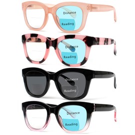 Henotin 4 Pack Bifocal Reading Glasses include Sun Readers for Women Oprah Style Square Blue Light Blocking Eyeglasses (Mix Color, 1.75, x)