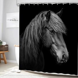 Horse Shower Curtain Rustic Farmhouse Animals Country Western Farm Theme Vintage Fashion Black Polyester Fabric Bathroom Decor Set with Hooks 70W x 70H inch