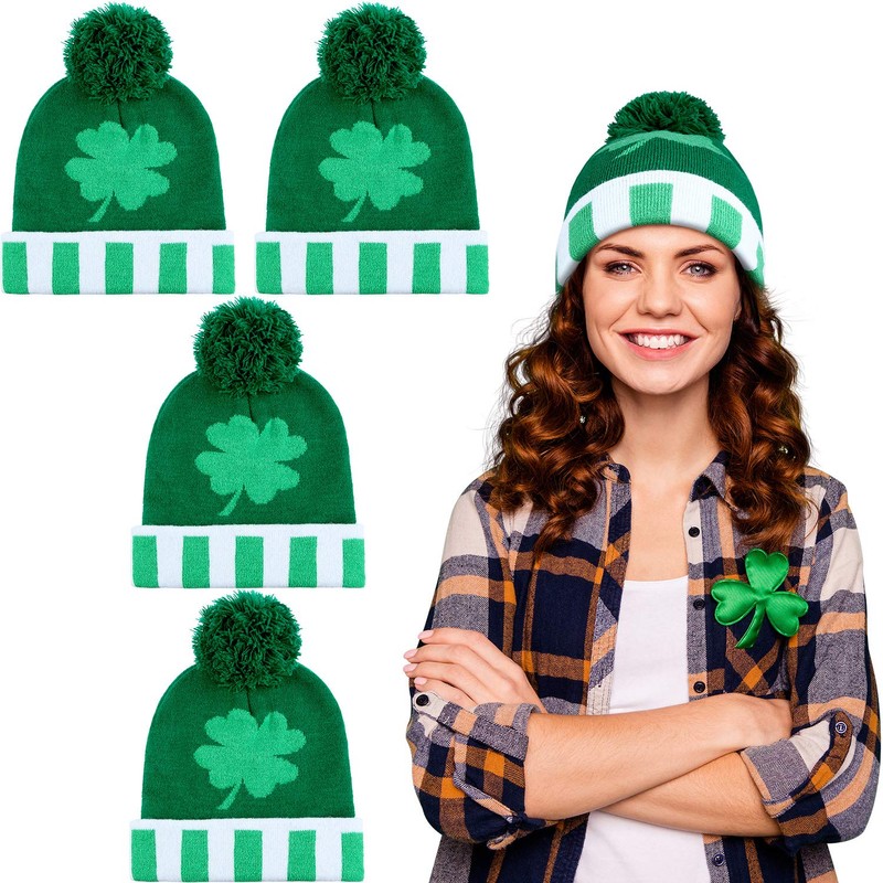 SATINIOR 4 Packs St. Patrick's Day Shamrock Knit Beanie Hat