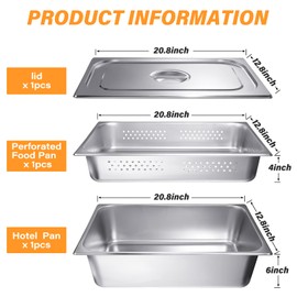 Ferraycle 3 Pack Full Size 4 Inch, 6 Inch Hotel Pan with Lid Set Include Pan Perforated Steam Pan Steam Table Pan Cover Restaurant Supplies for Kitchen, Steam Table Tray for Food Warmer