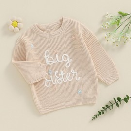LYSINK Baby Girl Fall Sweater Floral Letter Embroidery Long Sleeve Round Neck Chunky Knitwear Fall Winter Warm Pullover Top (Bb Beige, 12-18 Months)