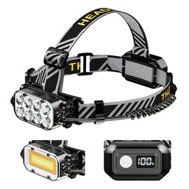 LED Rechargeable Headlamp for Running, Emergency, Outdoor Activities, 360° Rotating, Digital Power Display Head Lamps, Super Bright 8 LED + 3 COB Headlight with Red Light, Waterproof Flashlight