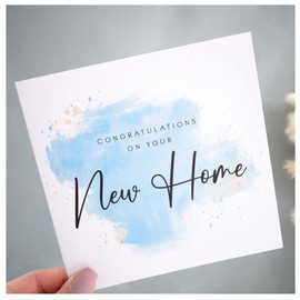 New Home Card | Congratulations New Homeowners Card | Card for Friend sister Mum Colleague Neighbour | Watercolour Blue Gold | 148mm Square Modern Greeting Card