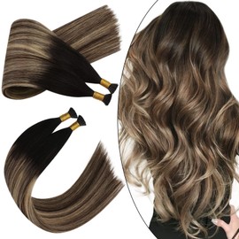 Ugeat I Tip Hair Extensions Real Human Hair Natural Black Balayage Medium Brown Ombre Caramel Brown Itip Hair Extensions Silky Straight Real Human Hair Extensions Pre Bonded 16 Inch 50s