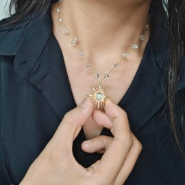 Aktully Crystal Sun Necklace for Women, 18K Gold Plated Zinc Sun Pendant, Multi-colored Natural Stone Crystal Choker, Casual Trendy Jewelry