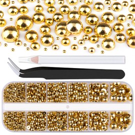 Belleboost Gold Nail Charms and Gems, Half Round Flatback Pearl Nail Charms, Nail Pearls Rhinestones Kit Gold Beads for Nails with Pickup Pencil and Tweezer for DIY Nail Art, Face Makeup and Crafting