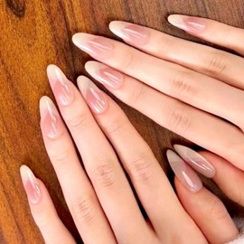 Hkanlre Long Almond Fake Nails Tips Press on Nails Full Cover False Pink Nails for Women 24PCS