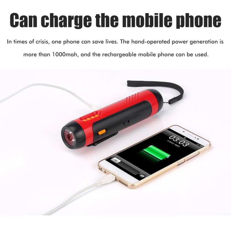 Portable Hand Crank Flashlight with Alarm FM Radio Function 1800mAh