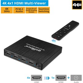 gofanco 4K 4x1 HDMI Multi Viewer (QuadView) with Remote – 4 HDMI Inputs (Devices) & 1 Output (Display), Up to 4K @30Hz, Seamless Switching, Quad/Dual/Single Modes, PCM, Audio Switching (QuadView4K)