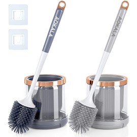 Aokala Silicone Toilet Brush Set, 2 Pack Toilet Bowl Brush and Holder with Tweezers Long Handle, Toilet Cleaner Brush for Bathroom Deep Cleaning, Elegant Toilet Scrubber Bathroom Decor Accessories