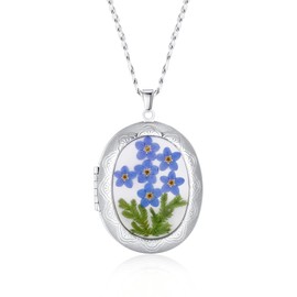 Locket Necklace Photo Lockets that Hold Picture | Forget-Me-Not and Plant Pressed Flower Locket Necklace | Polished Oval Pendant | Chain 25.6"