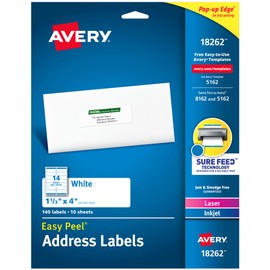 Avery Address Labels with Sure Feed for Laser & Inkjet Printers, 1-1/3" x 4", 140 Labels, Permanent Adhesive (18262)
