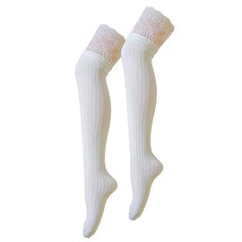 CAT KO Women Soft Knee High Socks Solid color Lace Striped Over the Knee Socks Cotton Stocking for Women (White)