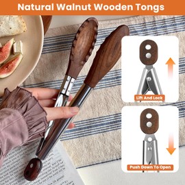 Cooking Set of 6 (3 Natural Walnut Wooden Kitchen Tongs 7",9",12",Self-Adhesive 304 Stainless Steel Hook)【Xhiver】- For Grilling, Serving, BBQ, Salad Tossing | Ergonomic Grip, Heat Resistant, Pull Lock