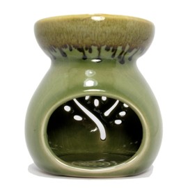 Celadon Ceramic Aroma Fragrance Essential Oil Burner (Oil Lamp, Oil Diffuser), Approx. 3.5 in. x 3.5 in. x 4 in., Glazed & Crackled Finish, Green Color