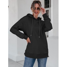 ANRABESS Women Oversized Hoodies Side Zipper Fleece Long Sweatshirts Lightweight Tunic Pullover 2024 Fall Trendy Clothes Black Medium