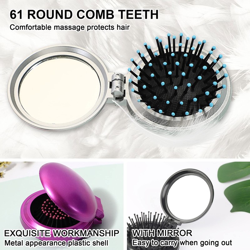 1st Choice Folding Hair Brush with Mirror,Round Mini Compact Massage
