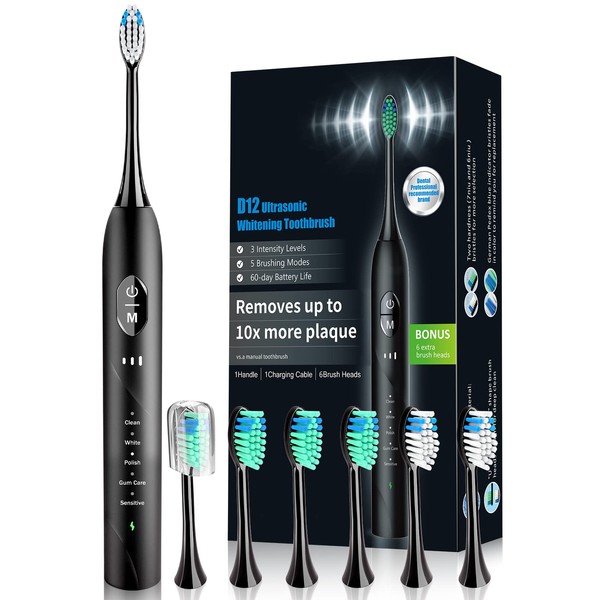PERBOL Sonic Electric Toothbrush for Adults, Rechargeable with 6 Replacement