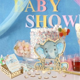 Adzt's 63 Pcs Baby Shower Event Guest Book Alternatives Set,60 Wood Slices Guest Book for Birthday, Baby Shower Guestbook with Photo Frame Baby Frame Keepsake Elephant
