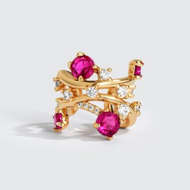 DREMMY STUDIOS Women Ear Cuff Earring Non Pierced | Red & White CZ Pave Ear Cuff in 14K Gold Plated | Open Hoop Fake Earrings Wrap Clip on Cartilage