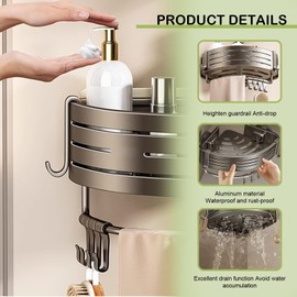 2 Shelf Corner Shower Caddy - Suction Cup, With Towel Bar And 8 Hooks, Heightened thickened, Rust-Proof Aluminum Alloy, No Drilling Bathroom Organizers And Storage Racks, Space-Saving