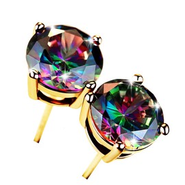 18K Gold Plated Round Rainbow Quartz Stud Earrings Colourful Fashion CZ Created Mystic Topaz Stud Earrings Hypoallergenic for Women Men Jewelry Gifts