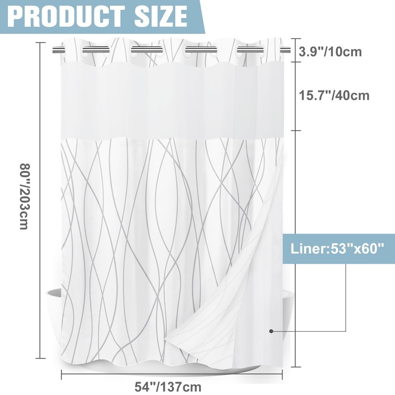 LXBNI No Hook Grey White Striped Stall Shower Curtain with
