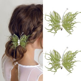 ANBALA 2PCS Butterfly Hair Accessories Green Butterfly Clips With Feather Fairy Hair Clips