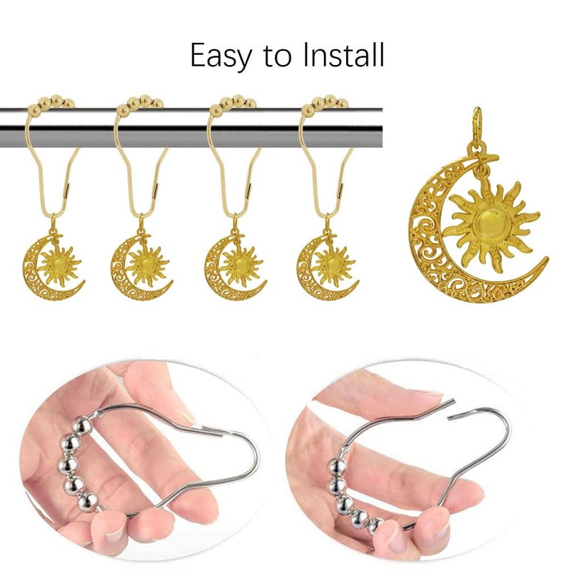 Celestial Shower Curtain Hooks 12 Pcs, Decorative Gold Sun Moon