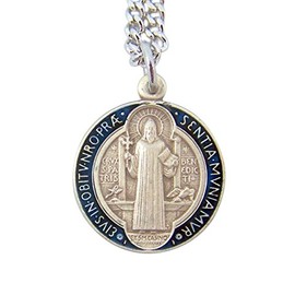 Sterling Silver with Blue and Red Enamel Round Saint Benedict Medal Pendant (5/8 Inch)