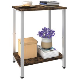 Tigerden 2 Tier Side Table, Heavy Duty End Table with Shelves, Narrow nightstand Table for Small Spaces, Record Player Table for Bedroom, Living Room, Sofa Couch - Rustic Brown & White
