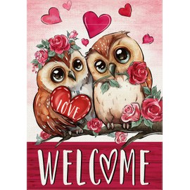 Covido Welcome Valentine's Day Owl Bird Decorative Garden Flag, Red Pink Love Heart Rose Flowers Farmhouse Yard Outside Decorations, Anniversary Wedding Outdoor Small Home Decor Double Sided 12 x 18