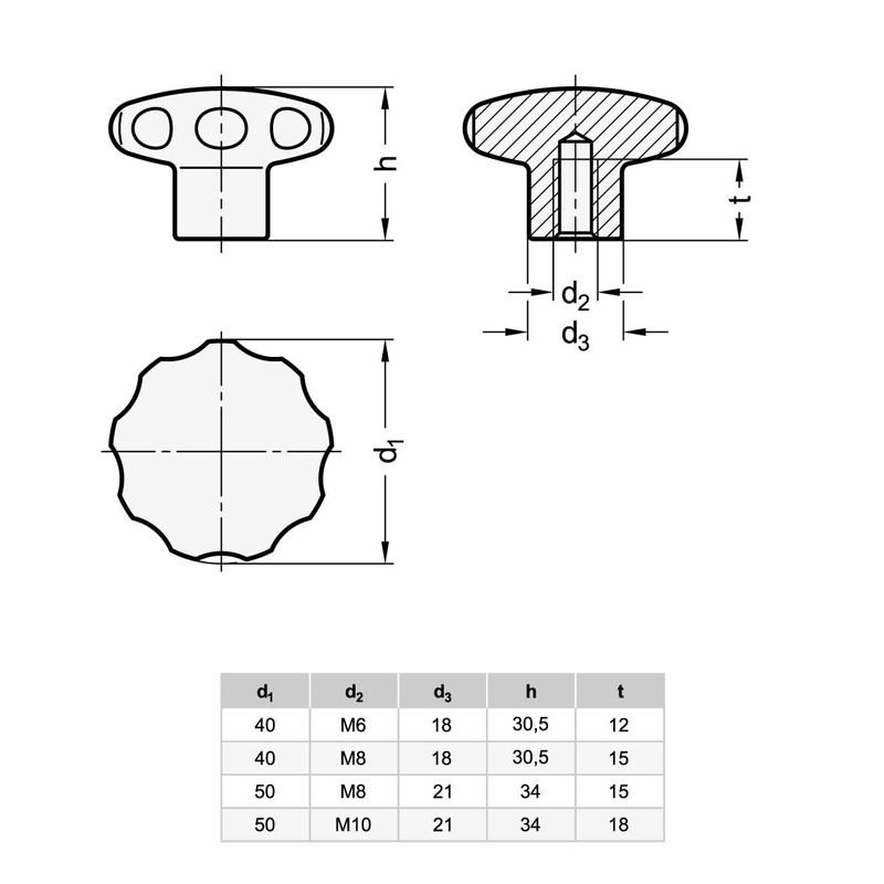 Ganter Normelemente Star handle, stainless steel, GN 5335-40-M6-E, matt blasted,