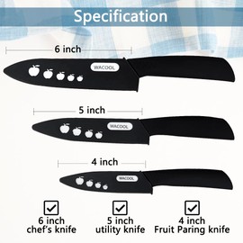 WACOOL Ceramic Knife Set with Sheaths, include 3-Piece: 6-inch Chef's Knife, 5-inch Utility Knife, 4-inch Fruit Paring Knife (Black Handle)