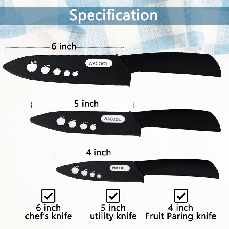 WACOOL Ceramic Knife Set with Sheaths, include 3-Piece: 6-inch Chef's