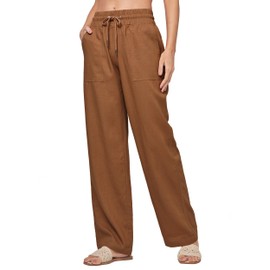 Willit Women Linen Pants Wide Leg Casual Palazzo Pants Cotton Linen Lounge Beach Summer Pants with Pockets 31" Caramel L