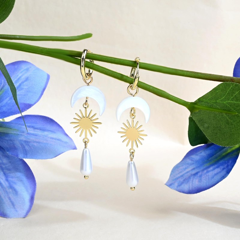 Pearl and Gold Sun Moon Drop Earrings, Shell Crescent Dangle
