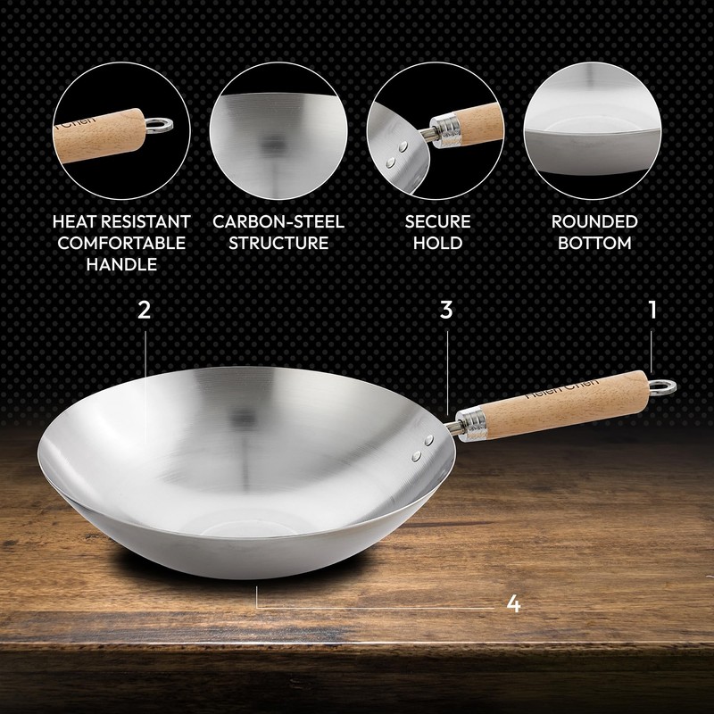 Helen's Asian Kitchen Round Bottom Wok Set, Carbon Steel and