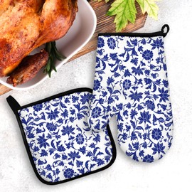Mingnei Blue Porcelain Floral Oven Mitts and Pot Holders Sets, Blue White Flower Heat Resistant Potholder Kitchen Decor for Cooking Baking BBQ, Blue Floral Chinoiserie Oven Glove Set Kitchen Decor