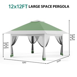 Pop Up Gazebo 12x12FT Canopy Tent with Mosquito Netting, Outdoor Patio Gazebo with 3 Adjustable Heights, Tent Shelter Quick Setup Backyard Tent for Party,Wedding (Light Green+Light Gray)