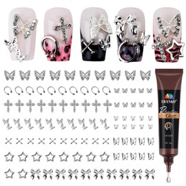 EBANKU Nail Charms, 100 PCS Y2K Silver Charms for Nails with 15g Nail Rhinestones Glue, Butterfly Bow Star Cross Nail Charms 3D Nail Charms and Gems for Acrylic Nail DIY Design(10 Styles)