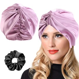 Kreuz Schlafmütze aus Satin Haar Mütze Mädchen Seidenmütze,Damen Mütze Schlafhaube Große Satin Haarhaube Doppellagig Verstellbare schlafhaube haare schützen（lila）