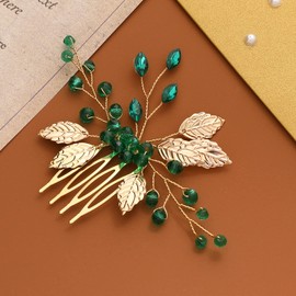 Wedding Hair Accessories for Brides,Golden Leaves Green Emerald Crystal Hairpin Bride Wedding Hair Slidecomb Vintage Hair Pieces Rhinestones Hair Clips For Brides And Bridesmaids
