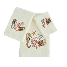 Marina Decoration Premium Luxury Decor Ultra Soft 100% Cotton Embroidered Bathroom Modern 3 Piece Towel Set, Ocean Life with Ivory Base Pattern
